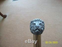 Walking Stick Cane Vtg Pewter Ornate Lion Handle & Dark Shaft Wooden 1 Piece