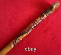 Walking Stick Cane Wooden Embossed Colored Dragon God Bird Bamboo