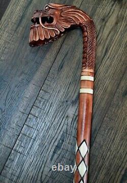 Walking Stick Cane Wooden Walking Cane Handmade Hand Carving Dragon old