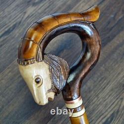 Walking Stick Cane Wooden Walking Cane Handmade Hand Carving Goat brown