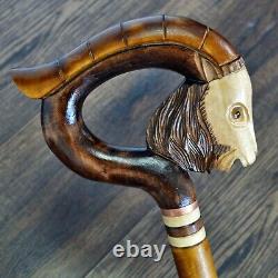 Walking Stick Cane Wooden Walking Cane Handmade Hand Carving Goat brown