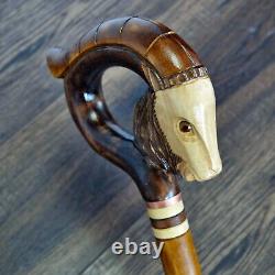 Walking Stick Cane Wooden Walking Cane Handmade Hand Carving Goat brown