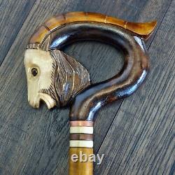 Walking Stick Cane Wooden Walking Cane Handmade Hand Carving Goat brown