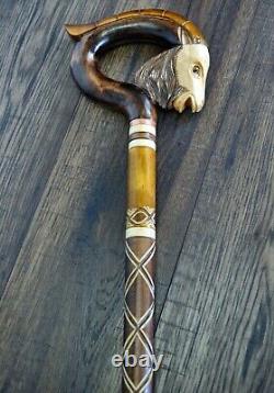 Walking Stick Cane Wooden Walking Cane Handmade Hand Carving Goat brown