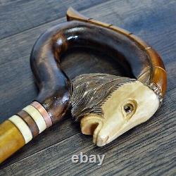 Walking Stick Cane Wooden Walking Cane Handmade Hand Carving Goat brown