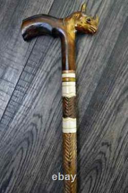 Walking Stick Cane Wooden Walking Cane Handmade Hand Carving Rhinoceros