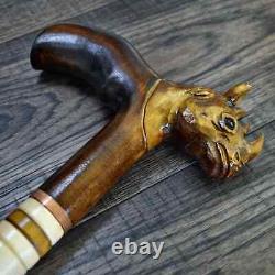 Walking Stick Cane Wooden Walking Cane Handmade Hand Carving Rhinoceros