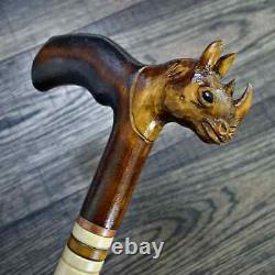 Walking Stick Cane Wooden Walking Cane Handmade Hand Carving Rhinoceros