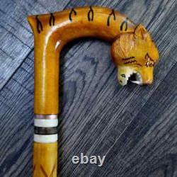 Walking Stick Cane Wooden Walking Cane Handmade Hand Carving Tiger UK