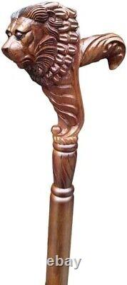 Walking Stick Carved Wooden Lion Head Artisan Cane Handmade Exclusive Victorian