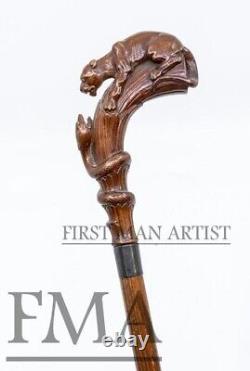 Walking Stick Wooden Hand Carved Panther & Snake Handle Walking Cane Animal Stic