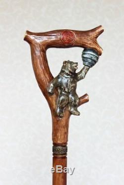Walking can bear and hive Wooden cane Walking stick handmade Carved stick NW63