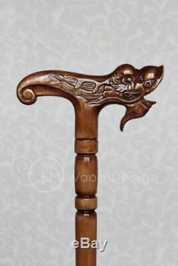 Walking cane Wooden Dragon Carved handle Wood craft Hiking sticks Hand NW64