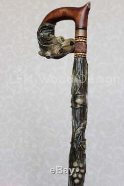 Walking stick Wolf & Grapes Wooden cane high quality Wood craft stick Handmade