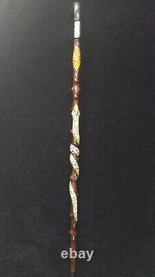Wand Handle and Silver Detailed Special Wooden Cane, Handmade Walking Stick