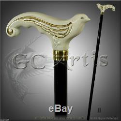 White Wooden Walking Stick Cane for women Ladies Hand carved Swallow Bird