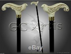 White Wooden Walking Stick Cane for women Ladies Hand carved Swallow Bird