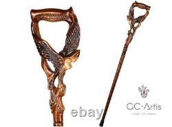 Winged Women Walking cane Wooden walking stick fantasy Paradise Bird hand carved