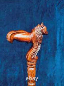 Wolf Carved Cane Wooden Walking Stick Handmade Wood Crafted Comfortable Gift