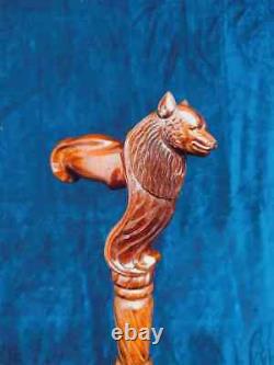 Wolf Carved Cane Wooden Walking Stick Handmade Wood Crafted Comfortable Gift