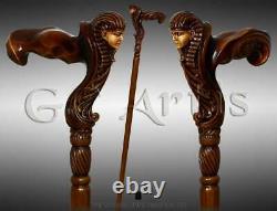 Wood Carved Egypt Pharaoh / Tutankhamun Wooden Walking Cane Walking Stick Gifts