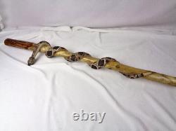 Wood Hand Carved 55 Diamond Back Rattlesnake Wrapped Walking Stick- Folk Art