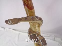 Wood Hand Carved 55 Diamond Back Rattlesnake Wrapped Walking Stick- Folk Art