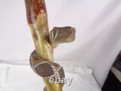 Wood Hand Carved 55 Diamond Back Rattlesnake Wrapped Walking Stick- Folk Art