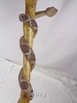 Wood Hand Carved 55 Diamond Back Rattlesnake Wrapped Walking Stick- Folk Art