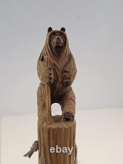 Wood Hand Carved 56 Walking Stick/Cane Folk Art Carved Bear withstick and Racoon