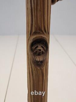 Wood Hand Carved 56 Walking Stick/Cane Folk Art Carved Bear withstick and Racoon