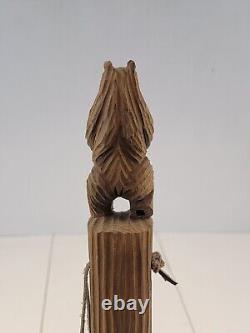 Wood Hand Carved 56 Walking Stick/Cane Folk Art Carved Bear withstick and Racoon