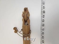 Wood Hand Carved 56 Walking Stick/Cane Folk Art Carved Bear withstick and Racoon