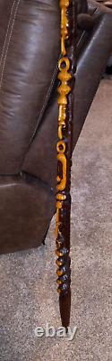 Wooden 2-tone Hand Carved Walking Cane Stick 4 men faces smoking pipe 40 Tall