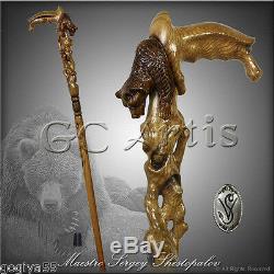 Wooden Bear Walking Stick Cane for man mens Hand Carved Handle handcrafted