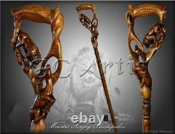Wooden Cane Walking stick LION & IMPALA Dark Color hand carved