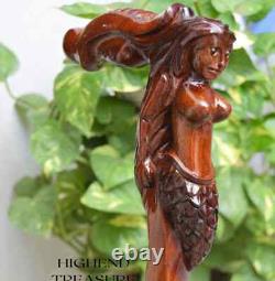 Wooden Carved Mermaid Walking Stick Cane handmade wood crafted comfortable handl
