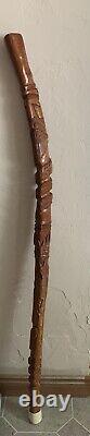 Wooden Carved Walking Stick Cane Bearded Man Antlers Snake Leaves Rubber Tip