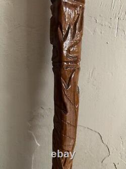 Wooden Carved Walking Stick Cane Bearded Man Antlers Snake Leaves Rubber Tip
