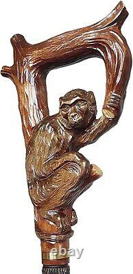 Wooden Hand Carved Monkey Head Walking Stick 36with Ergonomic Handle Cane