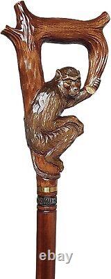 Wooden Hand Carved Monkey Head Walking Stick 36with Ergonomic Handle Cane