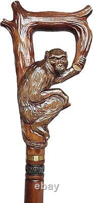 Wooden Hand Carved Monkey Head Walking Stick 36with Ergonomic Handle Cane