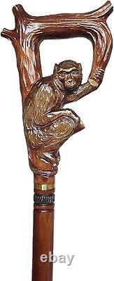 Wooden Hand Carved Monkey Head Walking Stick 36with Ergonomic Handle Cane