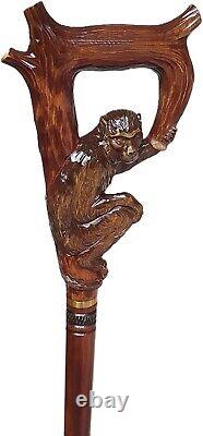 Wooden Hand Carved Monkey Head Walking Stick 36with Ergonomic Handle Cane