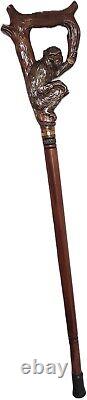 Wooden Hand Carved Monkey Head Walking Stick 36with Ergonomic Handle Cane