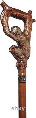 Wooden Hand Carved Monkey Head Walking Stick 36with Ergonomic Handle Cane