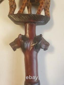 Wooden Hand Carved Walking Cane Stick Giraffe Handle 2 Lion Faces For Men Women