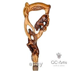 Wooden Hand Carved Walking Cane Stick Lion Impala comfortable for men women