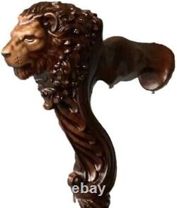 Wooden Lion Head Carved Walking Stick Wood Cane with Ergonomic Palm Grip 36