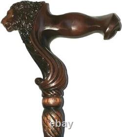 Wooden Lion Head Carved Walking Stick Wood Cane with Ergonomic Palm Grip 36